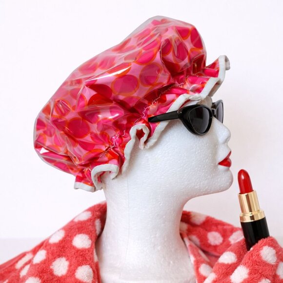Vinyl Shower Cap Pink Polka Dot Retro 1960s VTG Pin Up Bathroom Hair Mod Glam - Picture 12 of 12